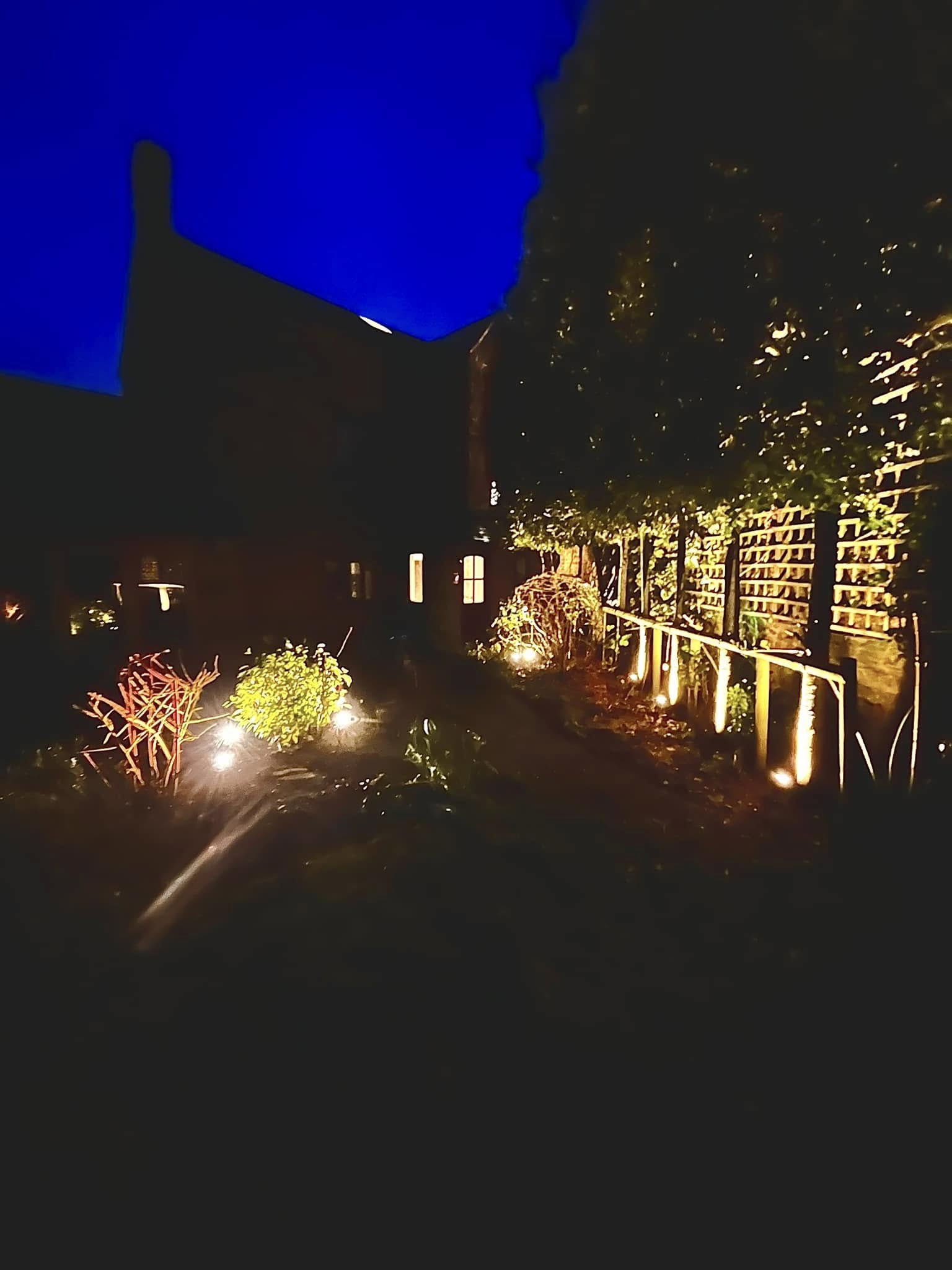 Uplights along a trellis fence and border at dusk, with the house behind